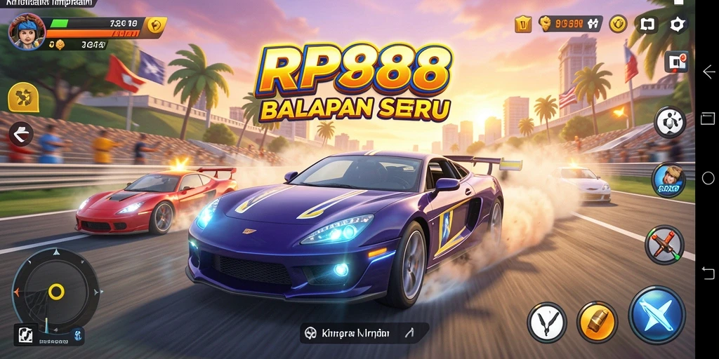 Tangkapan layar utama gameplay RP888 yang menampilkan aksi balapan yang mendebarkan.