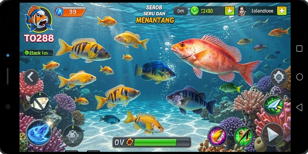 Screenshot gameplay TO288 menampilkan serunya menembak ikan.